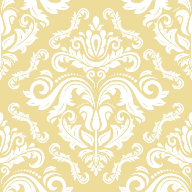 Klasik kusursuz vektör deseni. Damask oryantasyon süsü. Klasik sarı ve beyaz şarap rengi arka plan. Kumaş, duvar kâğıtları ve ambalaj için doğu deseni
