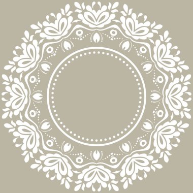 Arabesk ve çiçeklerle süslenmiş doğu vektör süsü. Geleneksel yuvarlak bej ve beyaz süs. Arabesk ile klasik desen