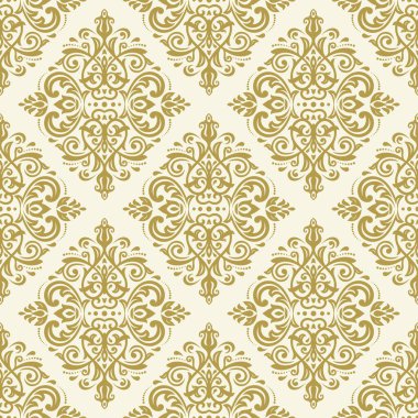 Klasik kusursuz vektör deseni. Damask oryantasyon süsü. Klasik klasik altın ve beyaz arka plan. Kumaş, duvar kâğıtları ve ambalaj için doğu deseni