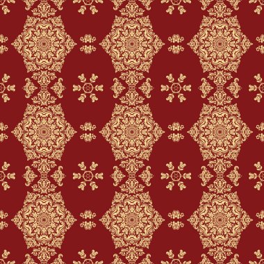 Klasik kusursuz vektör deseni. Damask kırmızı ve altın oryantasyon süsü. Klasik klasik klasik arka plan. Kumaş, duvar kâğıtları ve ambalaj için doğu deseni