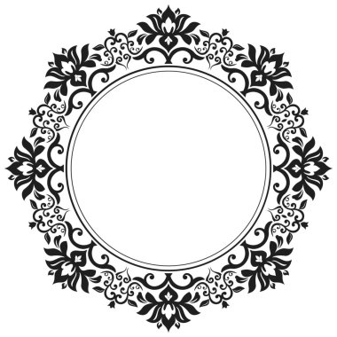 Arabesk ve çiçek elementleri içeren doğu vektör çerçevesi. Çiçekli, siyah beyaz, klasik desenli bir sınır. Metin için daire ve yer içeren tebrik kartı