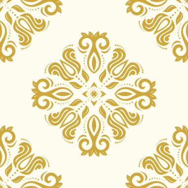 Klasik sarı ve beyaz vektör deseni. Damask oryantasyon süsü. Klasik klasik klasik arka plan. Kumaş, duvar kâğıtları ve ambalaj için doğu deseni