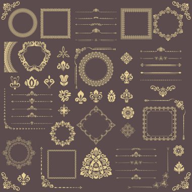 Vintage vektör yatay, kare ve yuvarlak elementler. Özgeçmiş, çerçeve ve monogram için elementler. Klasik kahverengi ve altın desenler. Eski model dizileri