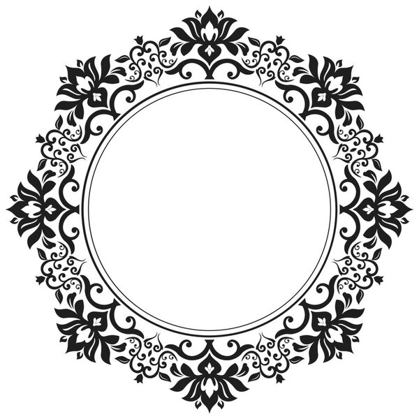Восточный векторный круглый каркас с арабесками и цветочными элементами. Цветочные круглые черно-белые границы с винтажным рисунком. Открытка с кружком и местом для текста