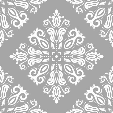 Klasik dikişsiz vektör bej ve beyaz desen. Damask oryantasyon süsü. Klasik klasik klasik arka plan. Kumaş, duvar kâğıtları ve ambalaj için doğu deseni