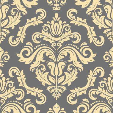 Klasik kusursuz vektör deseni. Damask oryantasyon süsü. Klasik gri ve sarı vintage arka plan. Kumaş, duvar kâğıtları ve ambalaj için doğu deseni