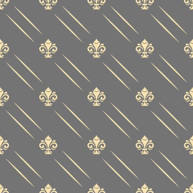Altın kraliyet zambakları ve çapraz çizgileri olan kusursuz vektör deseni. Kraliyet zambaklarıyla modern geometrik süs. Klasik arkaplan