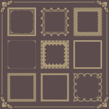 Eski vektör elementleri kümesi. Dekorasyon ve tasarım çerçeveleri, kartlar, menüler, arka planlar ve monogramlar için farklı kare unsurlar. Klasik kahverengi ve altın desenler. Eski model dizileri