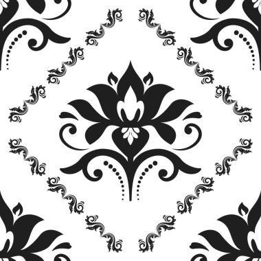 Orient vektörü siyah ve beyaz klasik model. Klasik elementlerle kusursuz soyut bir arkaplan. Oryantasyon düzeni. Duvar kağıtları ve ambalaj için süs