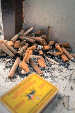 Yakın çekimde tütsülenmiş sigara tomurcukları ve bir kibrit kutusuyla sigara külü..