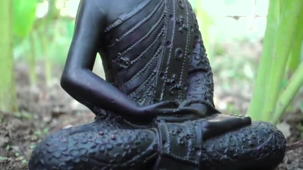 Slow Moving Shot Buddha Statue Sitting Lotus Pose India — стоковое видео
