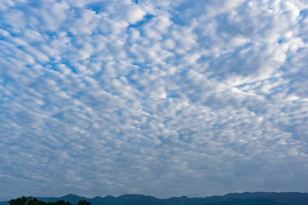 印度乌塔拉汉德蓝天上形成的不同形状的白云 其前景是树 背景是山 — 图库照片