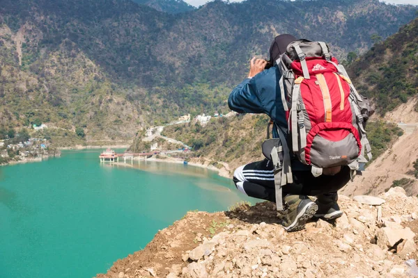 January 21St 2022 Srinagar Uttarakhand India Male Tourist Backpack Taking — Stock Photo, Image