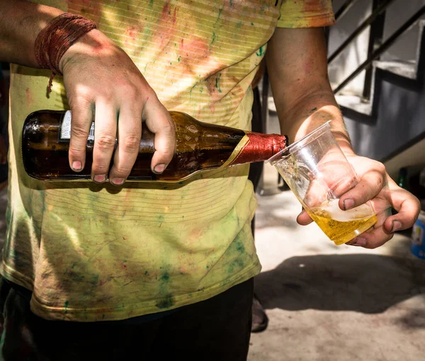 March 29Th 2021 Dehradun India Man Pouring Drink Glass Holi — 图库照片