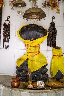 March 3rd 2021 Uttarakhand India. A multiple headed cobra snake statue in a temple of Serpent God in rural region of the himalayas.