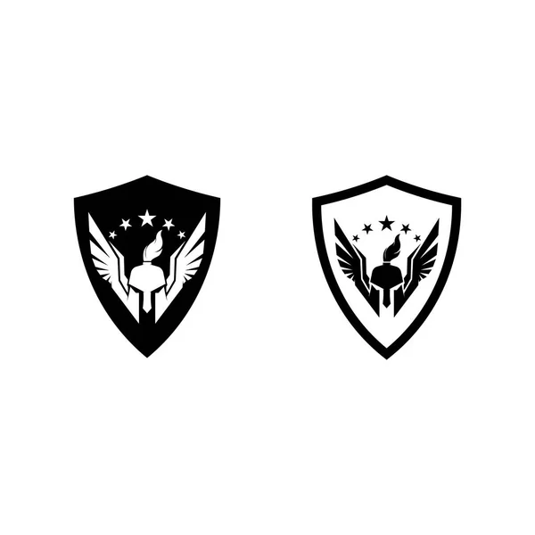 Spartan Helm Logo Und Gladiator Macht Jahrgang Schwert Sicherheit Legendäres — Stockvektor