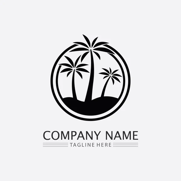 Palmiye Ağacı Yazı Tropikal Tasarım Logo Şablonu Çizimi — Stok Vektör