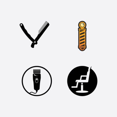 Klasik berber logosu ve tasarım amblemleri etiketleri, rozetler, logolar arka plan illüstrasyonları