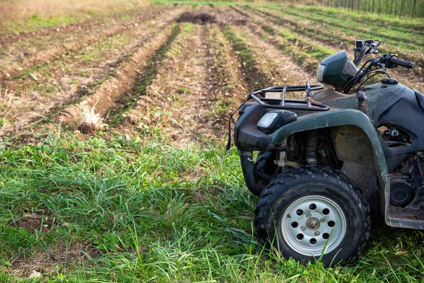 Ferme VTT se trouve près des rangées de jardin fraîchement plantées — Photo