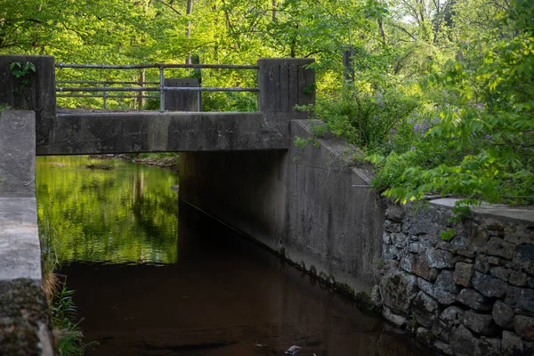 Puente sobre un canal de piedra rodeado de verdes bosques reflejados en el agua — Foto de Stock