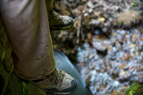 Man Worn Hiking Boots Dirty Trail Pants Rests Stone Bridge — Stock Photo, Image