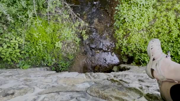 Footage Flowing Woodland Stream Colonial American Stone Arch Bridge Lush — Stockvideo