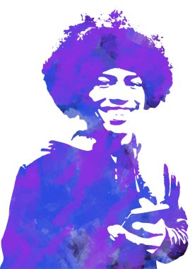 Afro-Amerikalı genç adam özgüvenle gülümsüyor ve soyut mor ve mavi noktalı suluboya efektli akıllı bir telefon tutuyor. Kentsel renklendirme, olumlu duygularla hareket etmek. Vektör