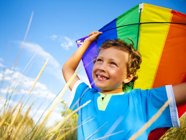 Cheerful Young Boy Playing Kite Outdoors — Stock Photo, Image