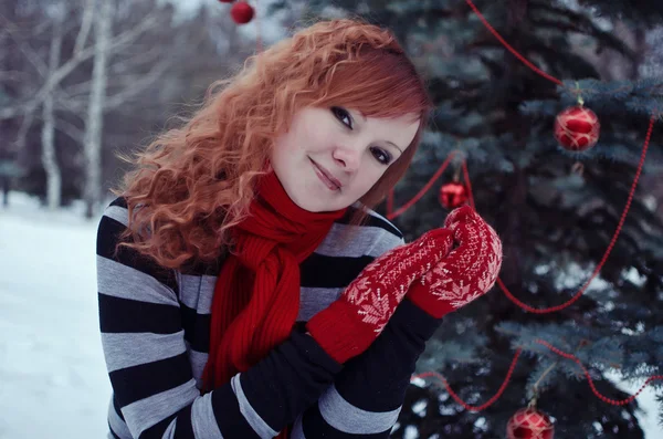 Woman in red gloves — Stock Photo, Image