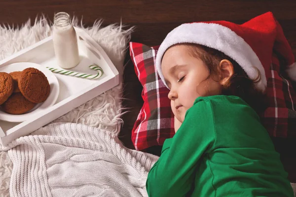 圣诞前夕 戴着圣诞老人帽的快乐的小女孩在松树旁等着圣诞老人睡觉 免版税图库照片