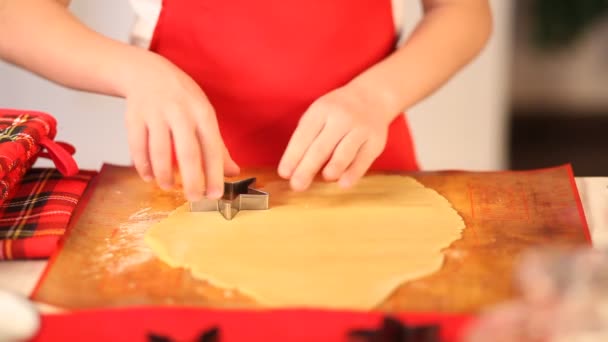 Kid boy baking christmas cookies at home — Stock Video