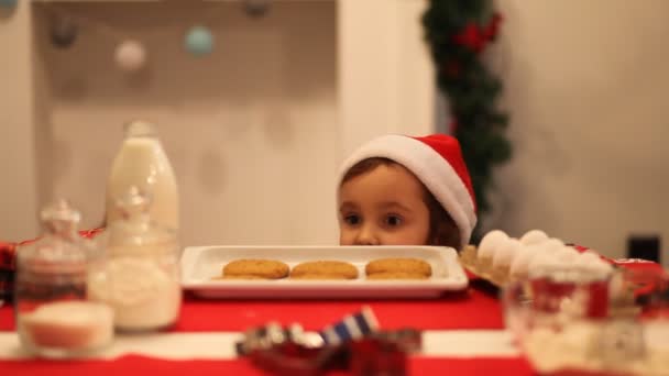 Little cute girl w Santa cap biorąc spróbować ukraść ciasteczko ze stołu. — Wideo stockowe