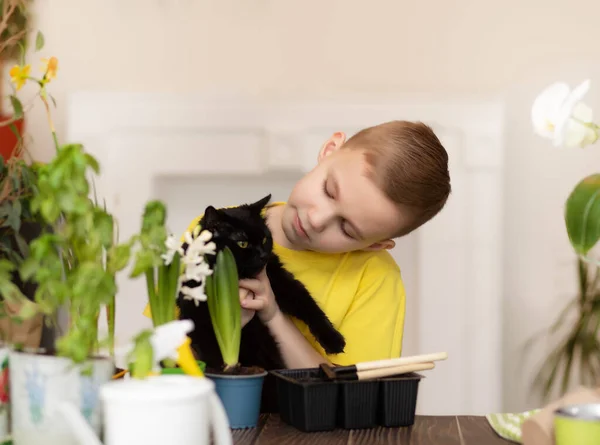 Gartenarbeit zu Hause. Kleiner Junge hält schwarze Katze und hilft bei der Pflege der heimischen Pflanzen, der grünen Umgebung zu Hause, dem Pflanzen von Samen. — Stockfoto