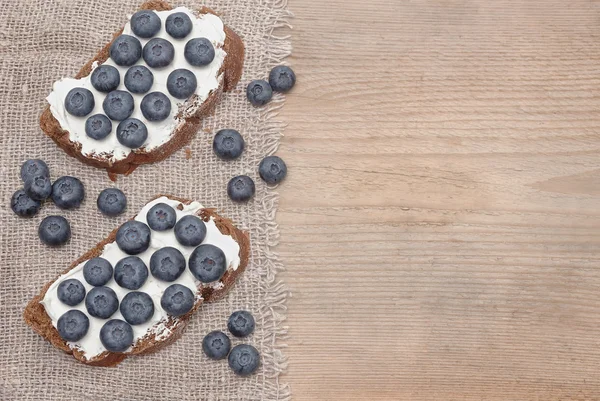 Bread with cheese cream and blueberries — Stock Photo, Image