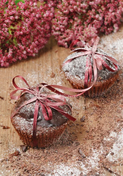 Chocolate cupcakes with powdered sugar — Stock Photo, Image
