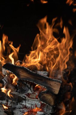 Şenlik ateşi ve odun. Kapalı bir alanda güzel bir yangın. Ahşap yanıyor. Barbekü hazırlanıyor..
