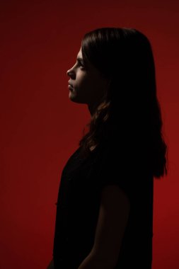 Karanlık stüdyo arka planında kırmızı siluet jant aydınlatma. Kırmızı arka planda yüz hatları. Güzellik ve moda konsepti. Genç ve güzel bir kadının silueti. Yüzü aydınlık. 