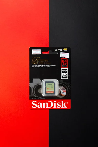 Pudełko Kartą Sandisk Opakowanie Sandisk Karta Pamięci Sandisk — Zdjęcie stockowe