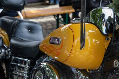 Exhibition of motorcycles. Motorcycle Festival in Prague. Harley Davidson logo. Show Festival Harley Davidson BurgerFest in Prague Czech Republic September 3 2022. Beautiful motorcycles.