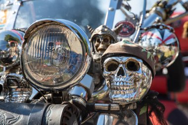 Exhibition of motorcycles. Motorcycle Festival in Prague. Harley Davidson logo. Show Festival Harley Davidson BurgerFest in Prague , Czech Republic September 3 2022. Beautiful motorcycles.