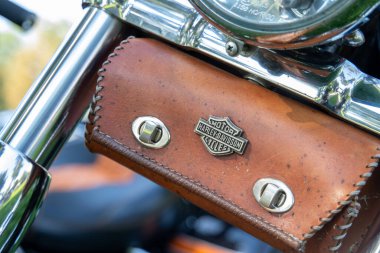 Exhibition of motorcycles. Motorcycle Festival in Prague. Harley Davidson logo. Show Festival Harley Davidson BurgerFest in Prague Czech Republic September 3 2022. Beautiful motorcycles.