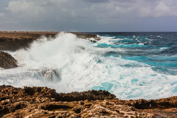 Aaltoja roiskuu kiviä Bonaire — kuvapankkivalokuva