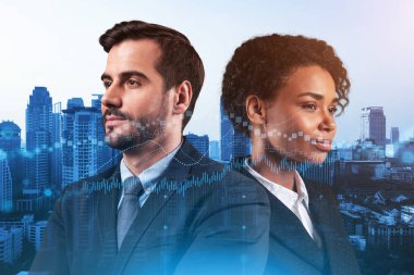 MBA mezuniyetinden sonra çok uluslu şirket takımındaki iki meslektaş kariyer fırsatları hayal ediyor. Şirket finans fonunda ticaret. Eski çizelge. Bangkok arka planda. Çift pozlama.