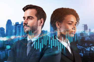 MBA mezuniyetinden sonra çok uluslu şirket takımındaki iki meslektaş kariyer fırsatları hayal ediyor. Şirket finans fonunda ticaret. Eski çizelge. Bangkok arka planda. Çift pozlama.
