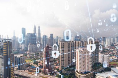 Ticareti, Malezya 'yı, Asya' yı korumak için Kuala Lumpur 'un panoramik şehir görüşü üzerine asma kilit simgelerinin hologramı. Bilgi güvenlik kalkanları kavramı. Çift pozlama.