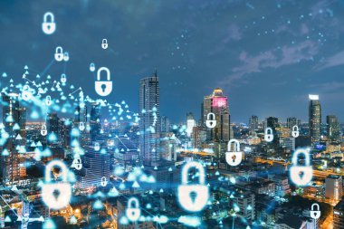 Parlayan Padlock hologramı, gece panoramik şehir görüntüsü Bangkok, Güneydoğu Asya. Şirketleri korumak için siber güvenlik kavramı. Çift pozlama.