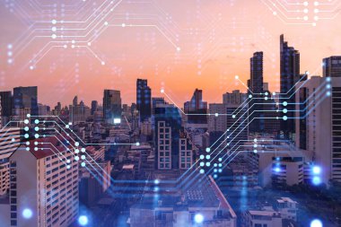 Parlak teknolojik süreç hologramı, gün batımında Bangkok 'un havadan panoramik manzarası. Güneydoğu Asya 'daki en büyük yenilikçi teknoloji merkezi. Çoklu pozlama.