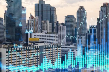 Işık saçan FOREX grafik hologramı, gün batımında Bangkok 'un panoramik şehir manzarası. Güneydoğu Asya 'da hisse ve tahvil ticareti. Fon yönetimi kavramı. Çift pozlama.