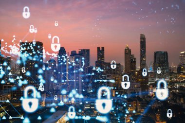 Güneydoğu Asya, Bangkok 'un günbatımı panoramik şehir manzarasında Padlock' un hologramı. Siber güvenlik istihbaratı kavramı. Çoklu pozlama.