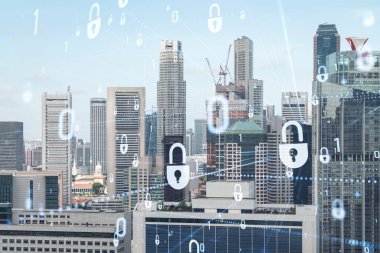 Asya 'daki işleri korumak için Singapur' un Panorama şehri manzarası üzerinde asma kilit hologramı. Bilgi güvenlik kalkanları kavramı. Çift pozlama.